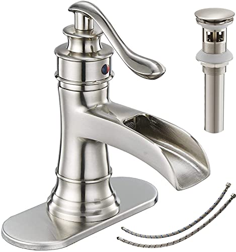 Bathfinesse Waterfall Bathroom Faucet Bathroom Sink Faucet Farmhouse Single Handle 1 Hole with Pop Up Drain Assembly Vanity Water Supply Hose, Brushed Nickel - Image 1