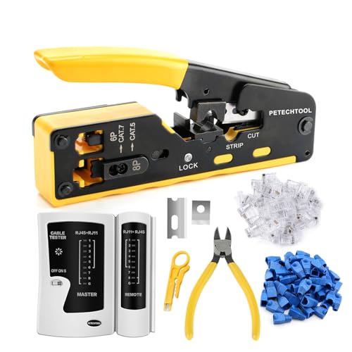PETECHTOOL RJ45 Crimp Tool Pass Through Cat7 Cat6 Cat5 Crimping Tool with 50-Pack Cat6 RJ45 Pass Through Connector, 50-Pack RJ45 Boots, Network Cable Tester, Wire Cutter and mini Wire Stripper - Image 4