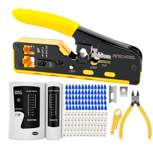 PETECHTOOL RJ45 Crimp Tool Pass Through Cat7 Cat6 Cat5 Crimping Tool with 50-Pack Cat6 RJ45 Pass Through Connector, 50-Pack RJ45 Boots, Network Cable Tester, Wire Cutter and mini Wire Stripper - Image 2