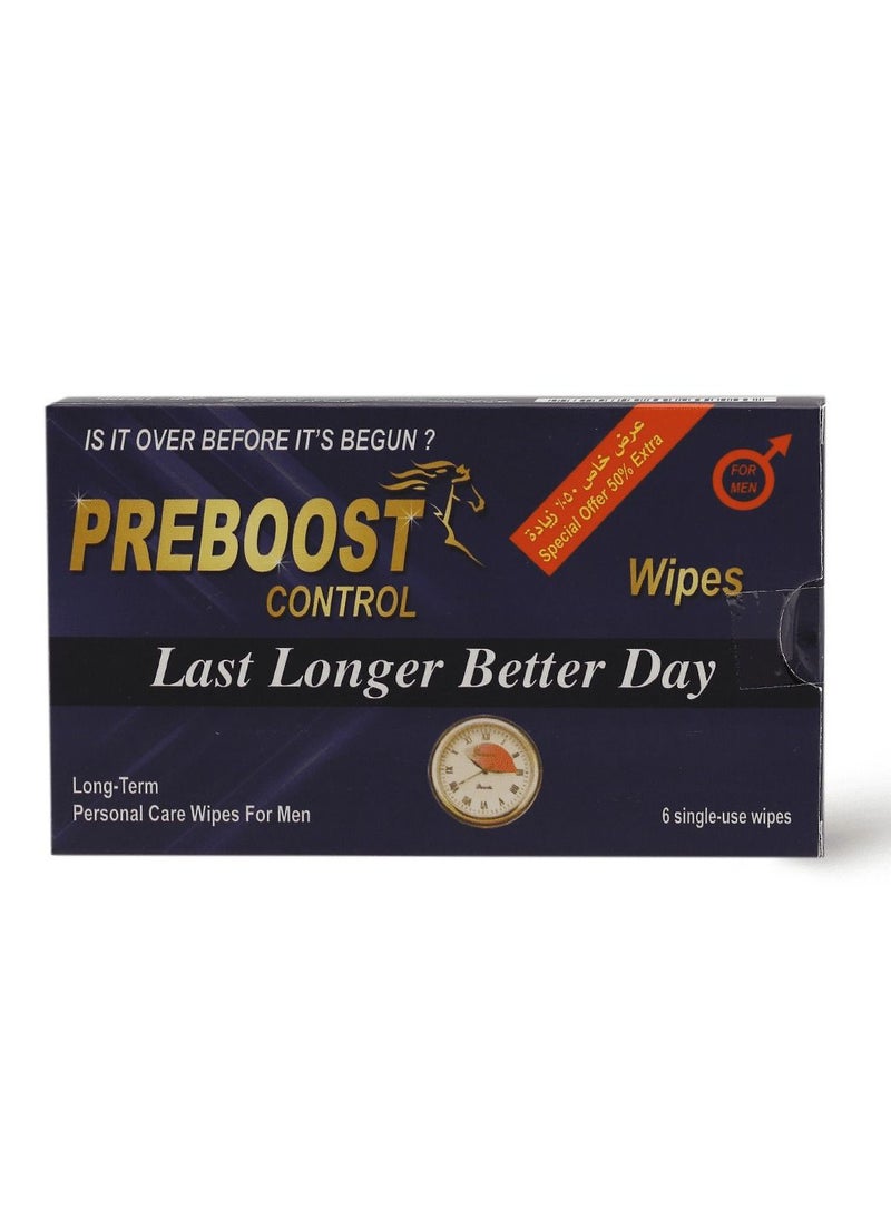 Preboost - Control Men's Wipes - 6 Wipes - Image 1