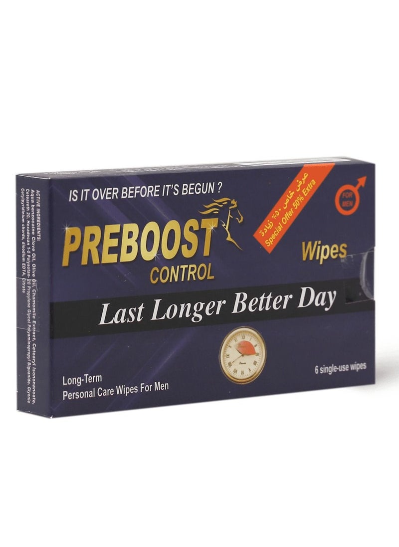 Preboost - Control Men's Wipes - 6 Wipes - Image 1