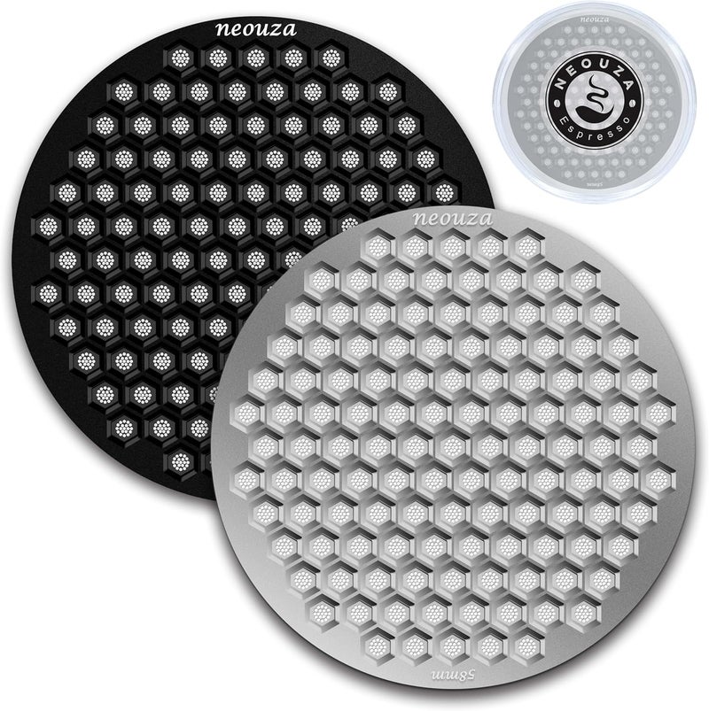 NEOUZA V4 Espresso Puck Screen 08mm Thickness Honeycomb Mesh Double Layer Black Protective Coating for Coffee Portafilter Basket 2 Black and Silver 58mm - Image 1