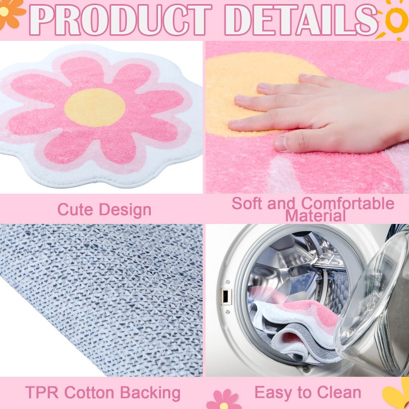 Tinideya Aesthetic Cute Flower Round Area Rug Non Slip Circle Soft Fluffy Flower Rug Indoor Floor Mat Carpet for Girls Bedroom Bathroom Living Room Sofa Nursery Decor(Pink, 2 ft) - Image 3