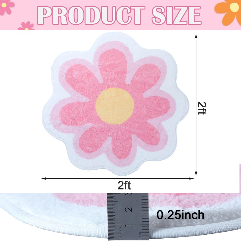 Tinideya Aesthetic Cute Flower Round Area Rug Non Slip Circle Soft Fluffy Flower Rug Indoor Floor Mat Carpet for Girls Bedroom Bathroom Living Room Sofa Nursery Decor(Pink, 2 ft) - Image 2