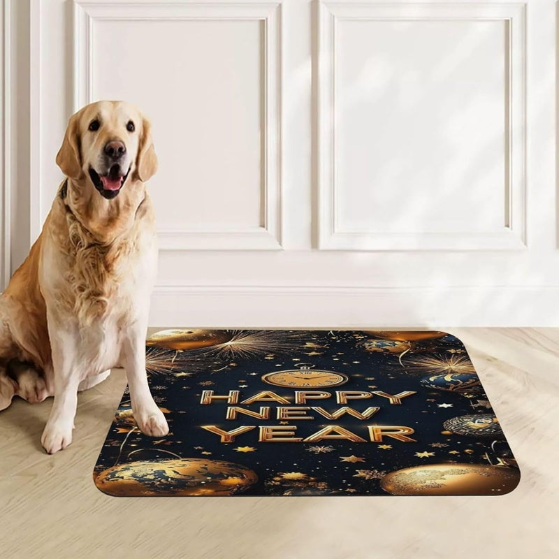 Pet Cat Dog Food Mat Absorbent Dog Feeding Mat Happy New Year Golden Fireworks No Stains Cat Food Mats Indoor Pet Accessories Supplies Dogs Placemat Water Bowl Mats with Rubber Backing 18X12In - Image 1