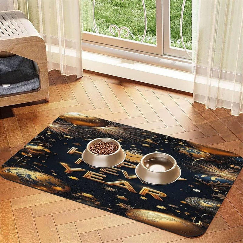 Pet Cat Dog Food Mat Absorbent Dog Feeding Mat Happy New Year Golden Fireworks No Stains Cat Food Mats Indoor Pet Accessories Supplies Dogs Placemat Water Bowl Mats with Rubber Backing 18X12In - Image 2