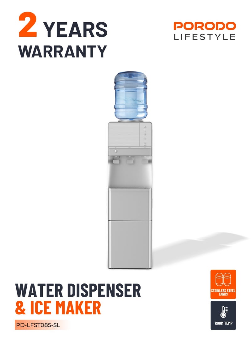 porodo Hot and Cold Water Dispenser & Ice Maker Machine / Child Safety Lock / Top Load Design / Energy Efficient / 2.8L Cold Water 10C° /  1.1L Hot Water 90C° / 1.1KG Ice Storage - Silver  - Image 1
