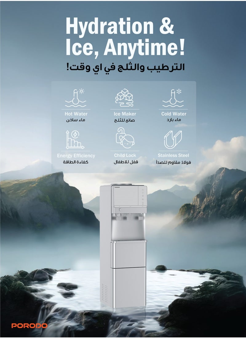 porodo Hot and Cold Water Dispenser & Ice Maker Machine / Child Safety Lock / Top Load Design / Energy Efficient / 2.8L Cold Water 10C° /  1.1L Hot Water 90C° / 1.1KG Ice Storage - Silver  - Image 3