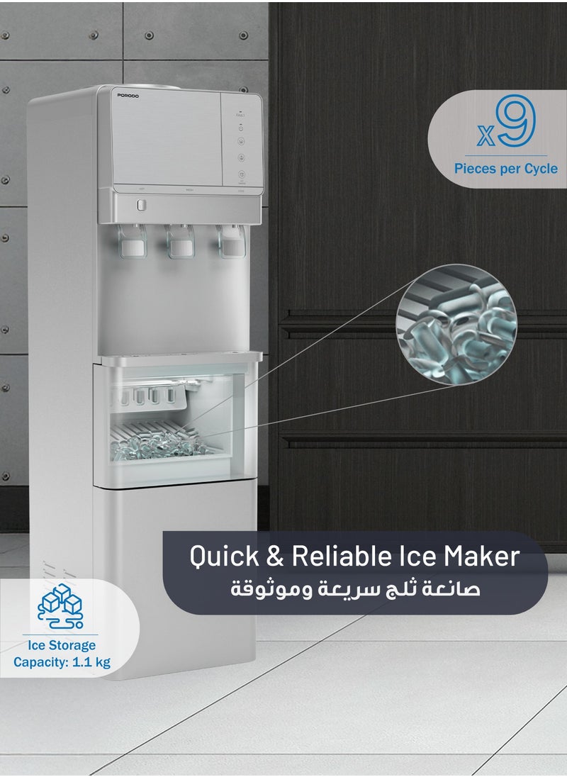 Hot and Cold Water Dispenser & Ice Maker Machine / Child Safety Lock / Top Load Design / Energy Efficient / 2.8L Cold Water 10C° /  1.1L Hot Water 90C° / 1.1KG Ice Storage - Silver