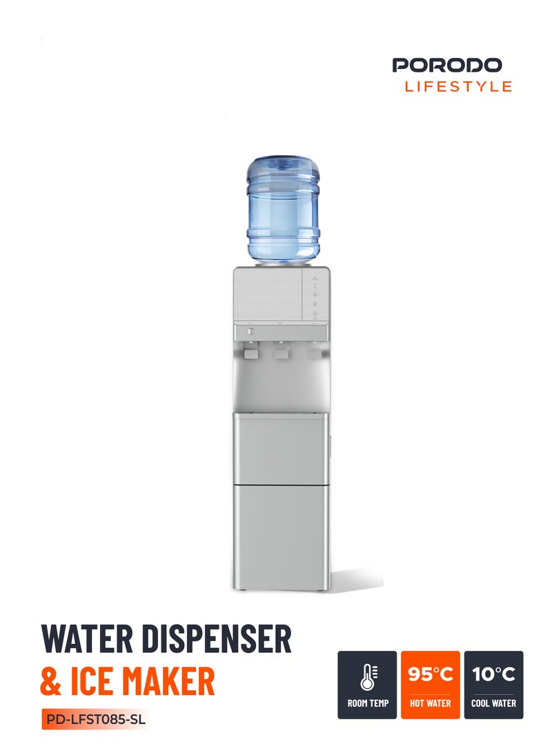 porodo Hot and Cold Water Dispenser & Ice Maker Machine / Child Safety Lock / Top Load Design / Energy Efficient / 2.8L Cold Water 10C° /  1.1L Hot Water 90C° / 1.1KG Ice Storage - Silver - Image 1