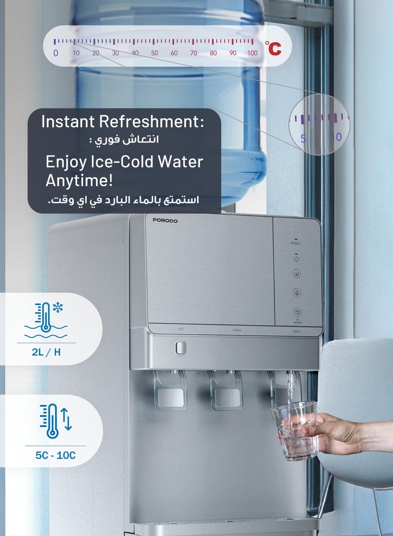 بورودو موزع مياه ساخنة وباردة مع صانع ثلج، تعبئة علوية، مزود بمياه ساخنة وباردة ومياه بدرجة حرارة الغرفة، موزع مياه أرضي، مزود بقفل أمان للأطفال، سعة تخزين ثلج 1.1 كجم، سعة 2.8 لتر ماء بارد 10 درجات مئوية، سعة 1.1 لتر ماء ساخن 90 درجة مئوية، خزان من الفولاذ المقاوم للصدأ، مثالي للمنزل والمكتب - فضي - Image 4