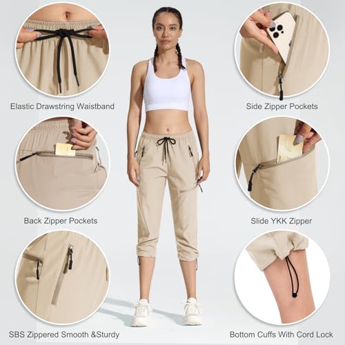 MOCOLY Women's Hiking Capris Pants Outdoor Lightweight Quick Dry Water Resistant UPF 50 Cargo Pants with Zipper Pockets Khaik S - Image 4