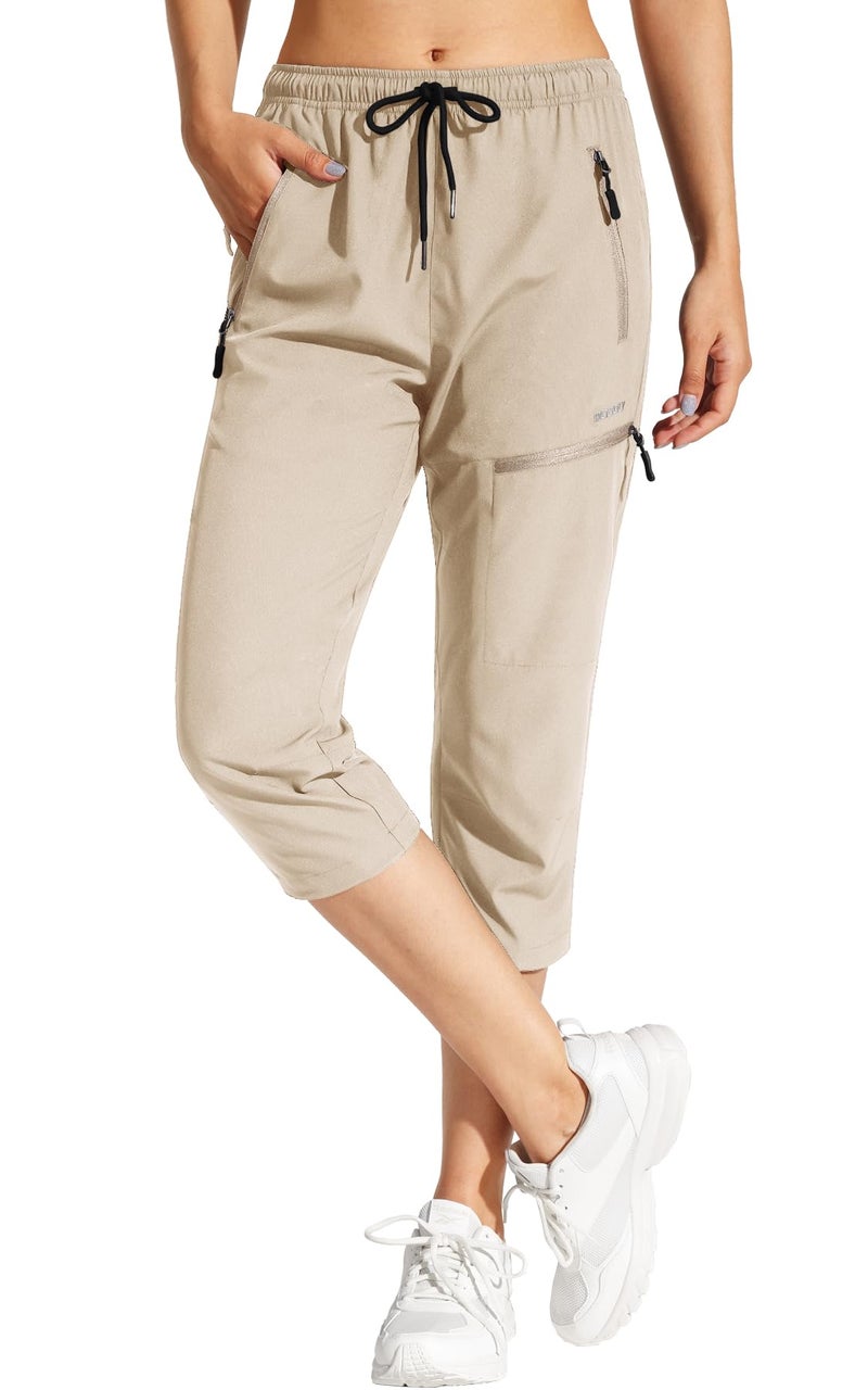 MOCOLY Women's Hiking Capris Pants Outdoor Lightweight Quick Dry Water Resistant UPF 50 Cargo Pants with Zipper Pockets Khaik S - Image 1