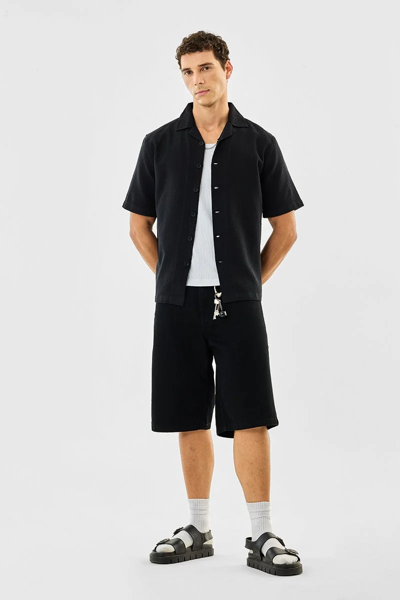 سنيتش Black Textured Half Sleeve Boxy Shirt