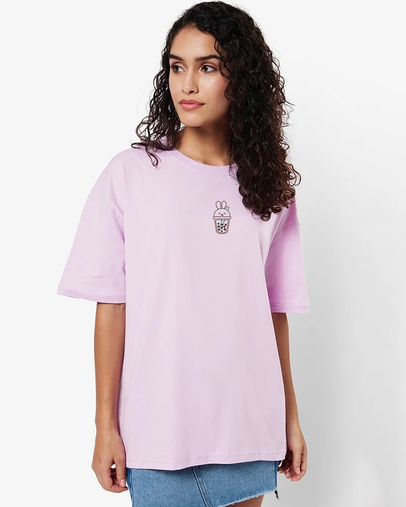 بيواكوف تيشيرت نسائي فضفاض مطبوع عليه عبارة لا أهتم بلون بنفسجي