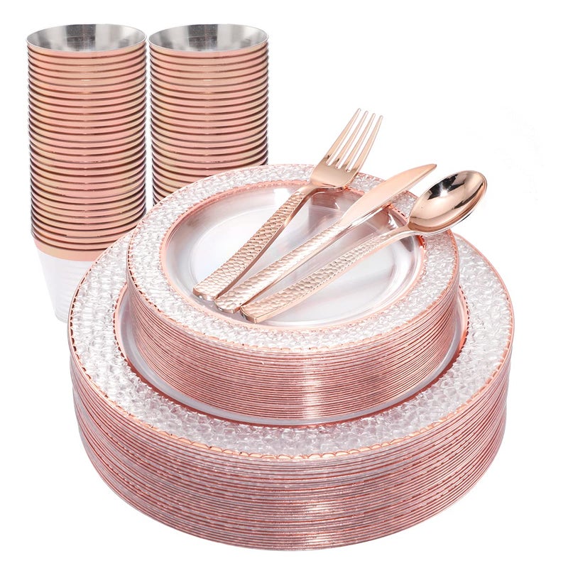 Ciaell 150PCS Rose Gold Plastic Plates  Disposable Plates with Rose Gold Plastic Silverware include 50Plates 25Forks 25Knives 25Spoons 25Cups for Wedding  Party