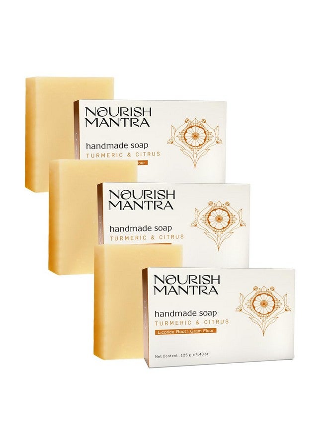 نوريش مانترا صابون استحمام مصنوع يدويًا بالكركم والحمضيات/مصنوع من مكونات طبيعية وعضوية/للرجال والنساء/يناسب جميع أنواع البشرة - 125 جم (عبوة من 3 قطع) - Image 1
