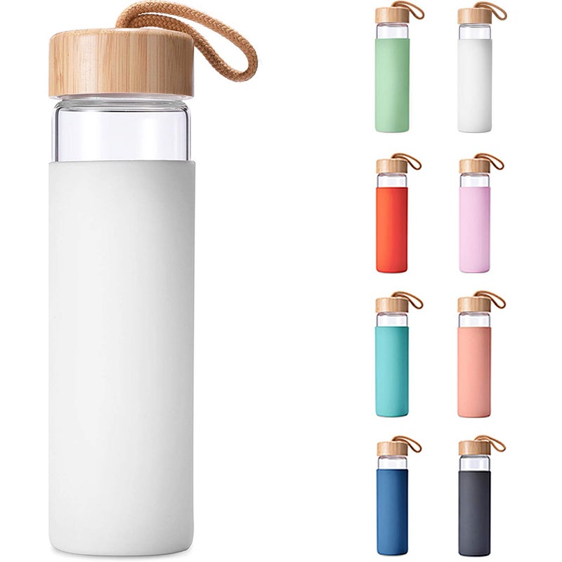 Yomious 20 Oz Borosilicate Glass Water Bottles with Silicone Sleeve BPA Free, Dishwasher Safe - Reusable Clear Glass Drinking with Leak Proof Bamboo Lid | Perfect Gym Water Bottles for Men & Women - Image 1