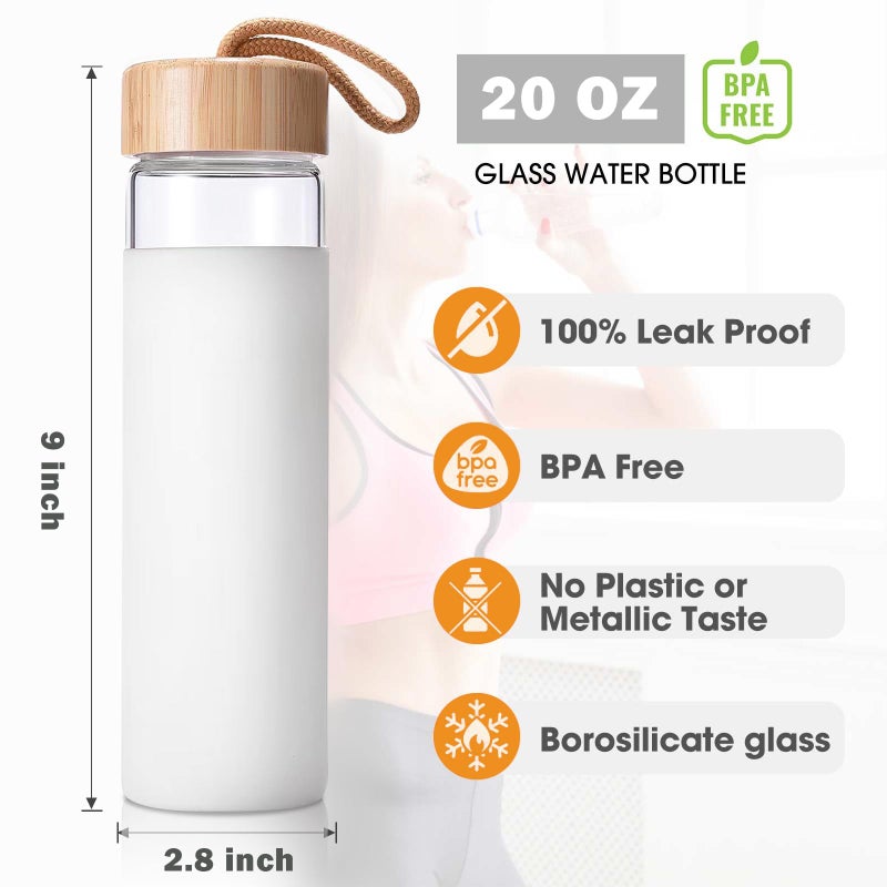 Yomious 20 Oz Borosilicate Glass Water Bottles with Silicone Sleeve BPA Free, Dishwasher Safe - Reusable Clear Glass Drinking with Leak Proof Bamboo Lid | Perfect Gym Water Bottles for Men & Women - Image 3