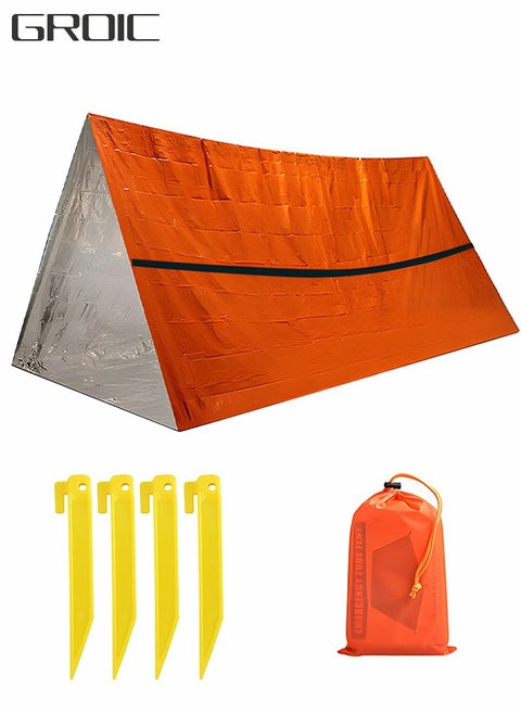 Emergency Tent with 4 Tent Stakes, Emergency Survival Shelter Tent & Tent Spikes, Waterproof Thermal Blanket Shelter for Camping, Hiking, Outdoor Adventure Activities