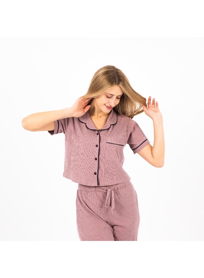 زيكوتكس  طقم بيجامة قطنية كلاسيكية نسائية / بلوزة بأكمام قصيرة وأزرار وبنطلون طويل / ملابس نوم صيفية ناعمة ومريحة - Image 4