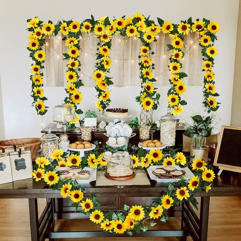 Uieke 3 Pack Artificial Sunflower Garland, 7.5ft/Strand Silk Sunflowers Hanging Vines Flowers with Green Leaves for Room Kitchen Garden Birthday Wedding Baby Shower Party Table Decor Large - Image 5