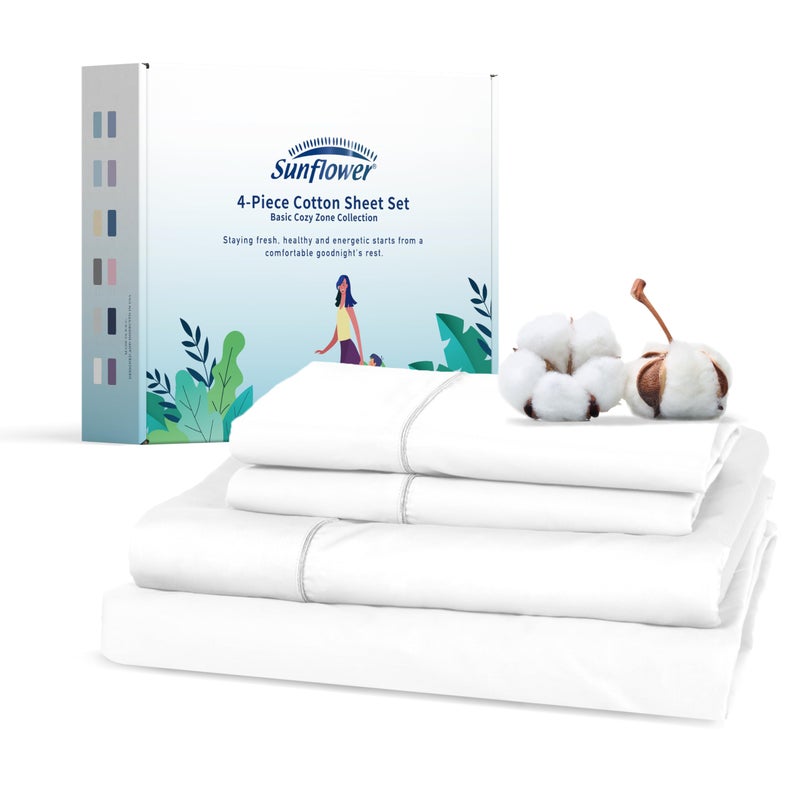 sunflower Cotton Queen Sheet Set  Queen Size Sheet Deep Pocket Up to 16 inches White Queen Sheet Set 4Piece Luxury Hotel Quality Sheet with Silver Trimmed Design