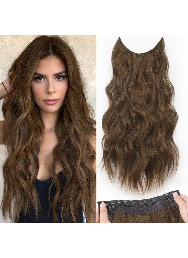 KooKaStyle Invisible Wire Hair Extensions With Transparent Wire Headband Adjustable Size 4 Secure Clips Long Wavy Hairpiece 20 Inch Medium Brown For Women  - Image 1