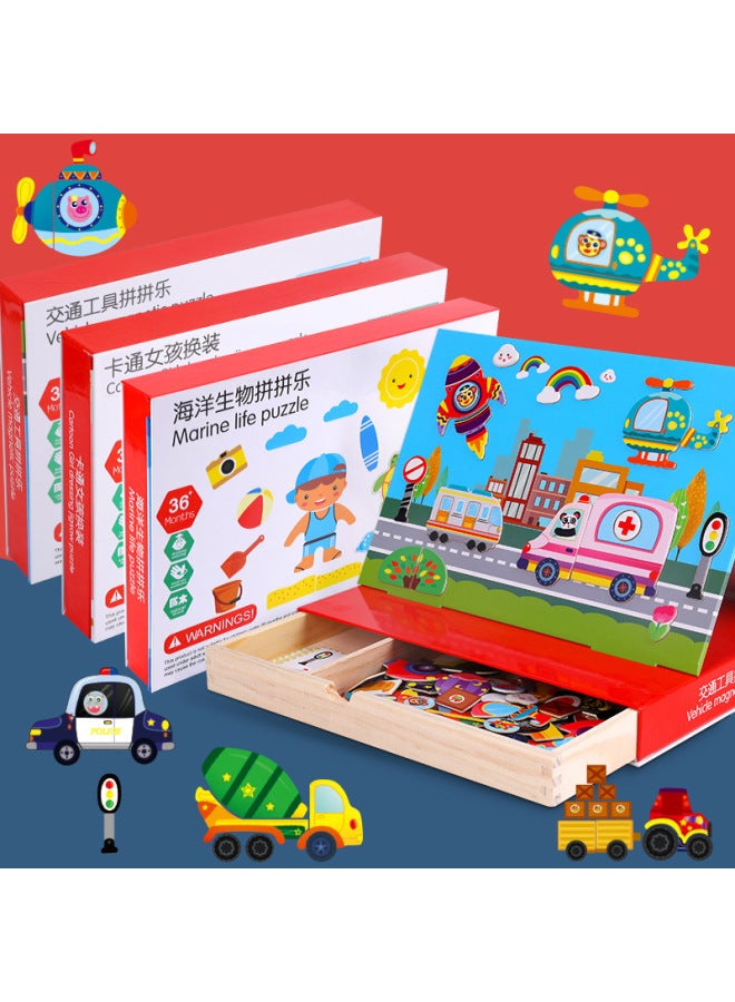 Wooden Early Education Educational Puzzle Magnetic Drawing Board Animal Puzzle Cartoon Character Scene Puzzle Children's Toy-Color:Vehicle - Image 2