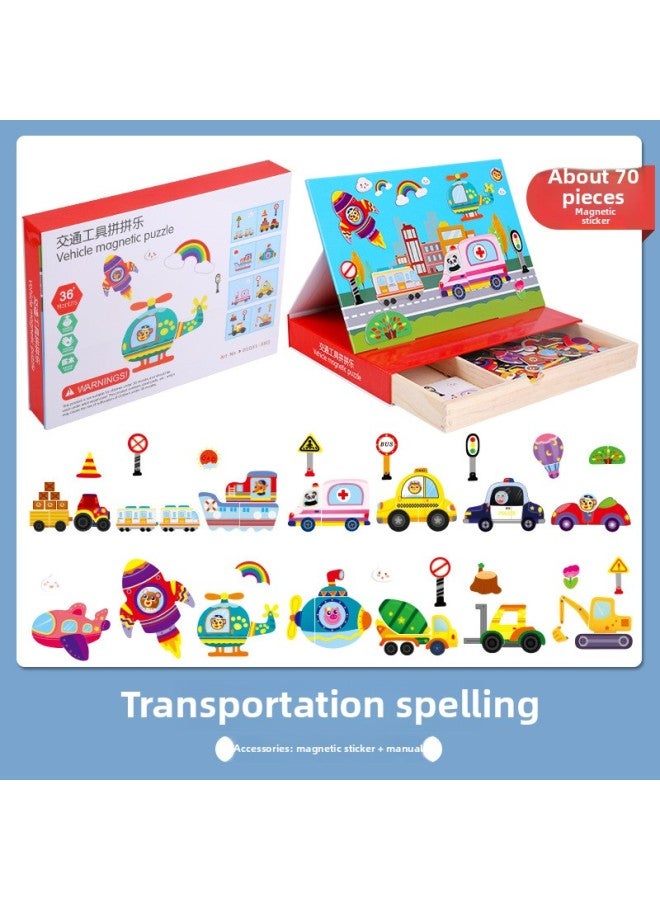 Wooden Early Education Educational Puzzle Magnetic Drawing Board Animal Puzzle Cartoon Character Scene Puzzle Children's Toy-Color:Vehicle - Image 1