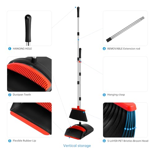 BSKLIN Broom and Dustpan Set, Broom Dustpan Combo with Adjustable Handle Broom Dust Pan Teeth to Automatically Clean Hair for Home Office Kitchen Lobby - Image 3