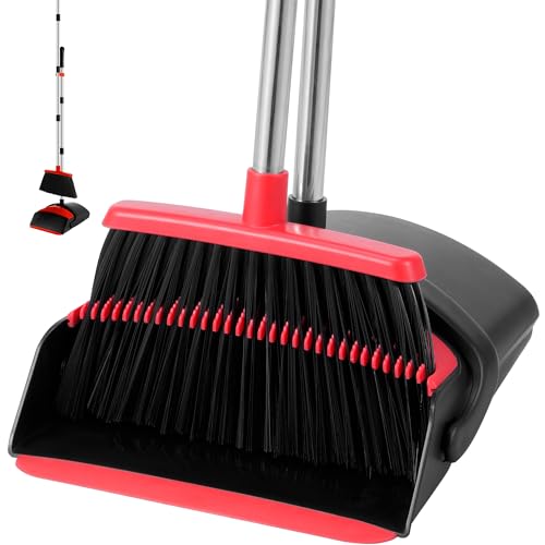 BSKLIN Broom and Dustpan Set, Broom Dustpan Combo with Adjustable Handle Broom Dust Pan Teeth to Automatically Clean Hair for Home Office Kitchen Lobby - Image 1