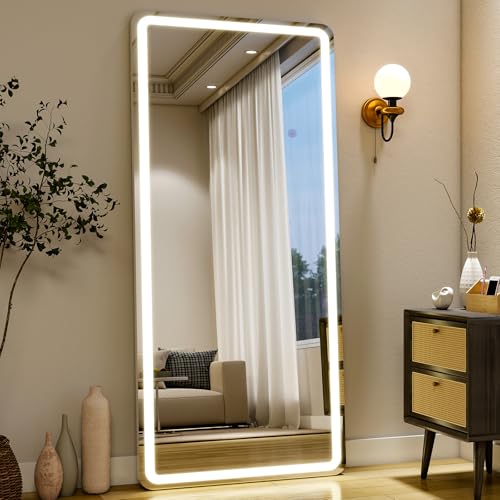 Easly 26x68 inch Full Length Mirror with Lights LED Lighted Floor Standing Hanging Mirror Full Length with Stand Free Full Body Dressing Mirrors with Dimmable 3 Color LED