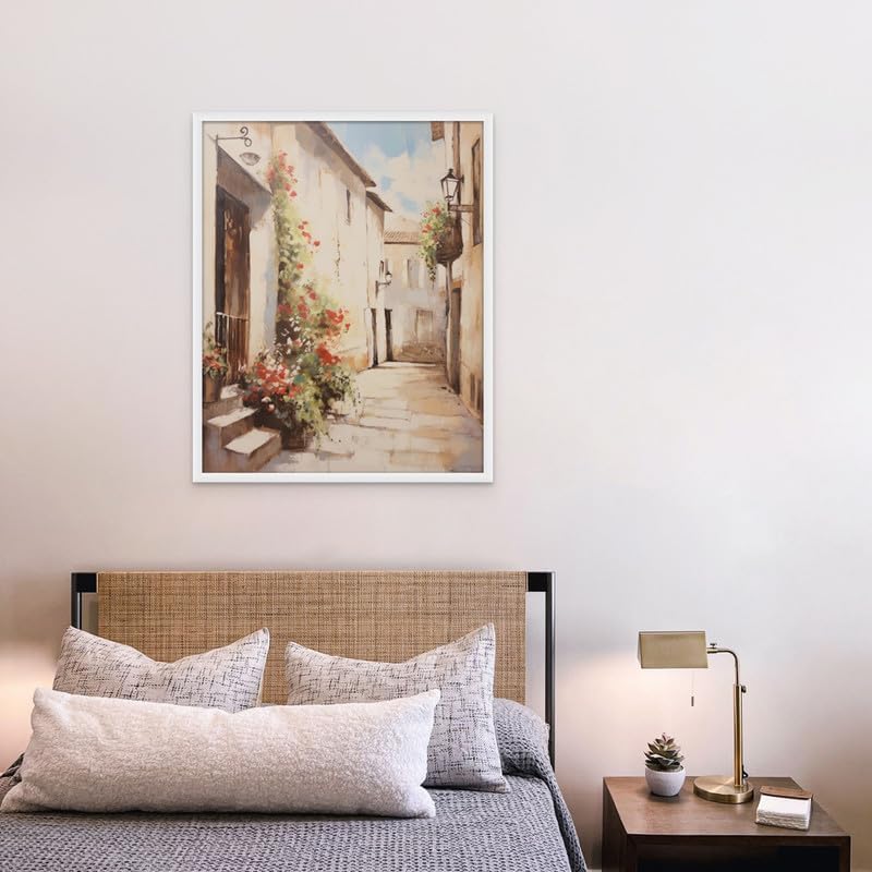 Art Decor French Countryside Style Alleyway Fine Art with Beige Flowers Framed Wall Art Traditional Design Art for Living Room Bedroom Office Home Decoration Gifting 45x60cm - Image 3