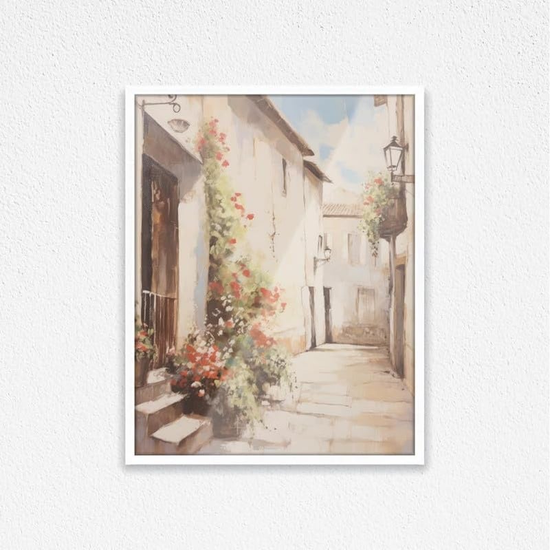 Art Decor French Countryside Style Alleyway Fine Art with Beige Flowers Framed Wall Art Traditional Design Art for Living Room Bedroom Office Home Decoration Gifting 45x60cm - Image 1
