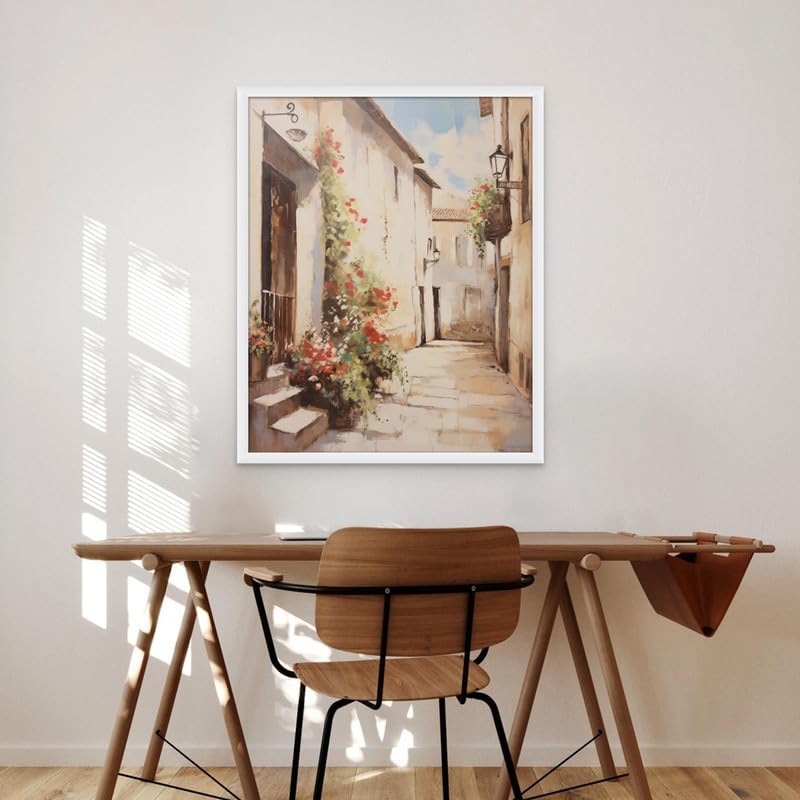 Art Decor French Countryside Style Alleyway Fine Art with Beige Flowers Framed Wall Art Traditional Design Art for Living Room Bedroom Office Home Decoration Gifting 45x60cm - Image 2
