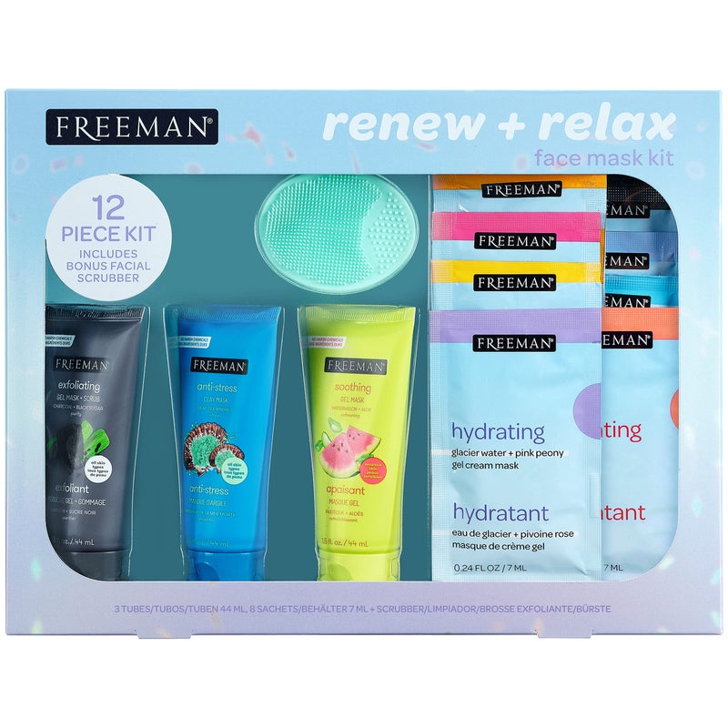 Freeman Limited Edition Renew & Relax Mask Kit, Face Masks To Soothe, Rejuvenate, and Deep Cleanse Pores, Facial Mask Variety, Silicone Mask Applicator, Cruelty Free Skincare, 12 Piece Gift Set - Image 1