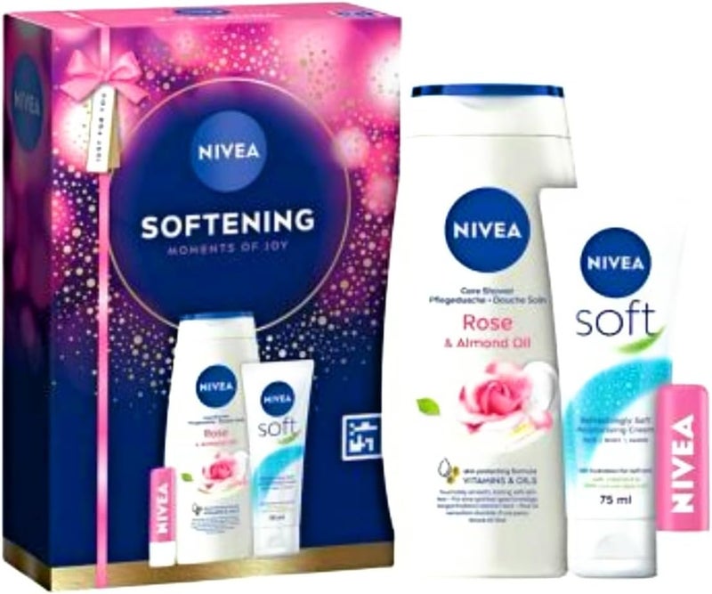 NIVEA Softening Moments Gift Set Rose Almond Oil Shower Cream 250ml Soft Moisturising Cream 75ml Ros Lip Balm 48g
