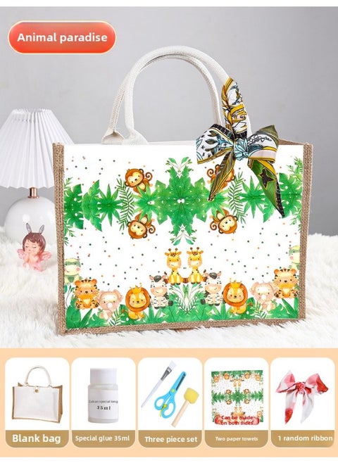 Butterfly Ancient Bart Material Bag Diy Mother's Day Canvas Bag Children's Handmade Creative Linen Bag Group Building Activity Gift-Color:Horizontal Style [animal Jungle] Comes With A Full Set Of Tools + Detailed Tutorials