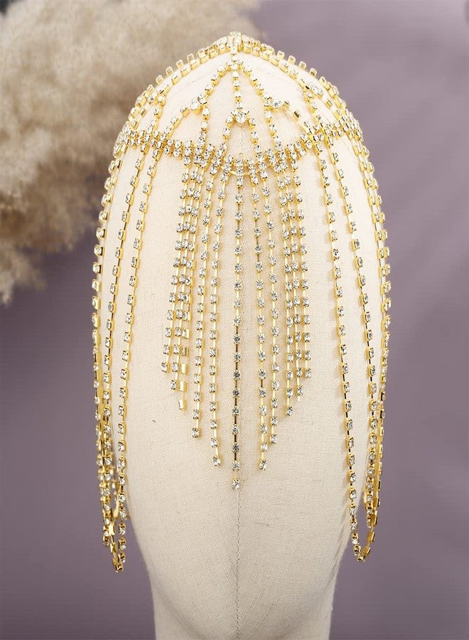 YERTTER Wedding Gold Rhinestone Head Cap Layered Fringe Chain 20s Head Accessories Jewelry Crystal Headband Headpiece Boho Hair Accessories for Women Brides Prom Costume(Gold 1) - Image 2
