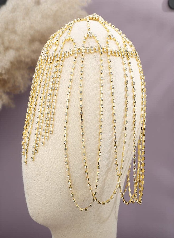 YERTTER Wedding Gold Rhinestone Head Cap Layered Fringe Chain 20s Head Accessories Jewelry Crystal Headband Headpiece Boho Hair Accessories for Women Brides Prom Costume(Gold 1) - Image 3