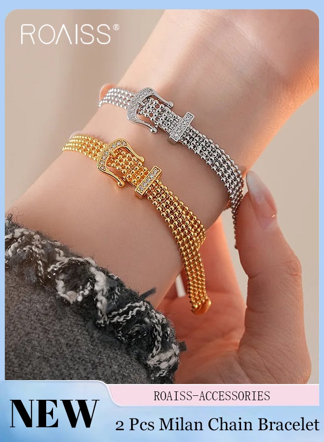 رويس سواران فاخران من الفولاذ المقاوم للصدأ بسلسلة ميلانو مع مشبك مميز، أساور من شريط الساتان بتصميم إبداعي عتيق، تصميم فريد، مناسب للارتداء اليومي والهدايا - Image 1