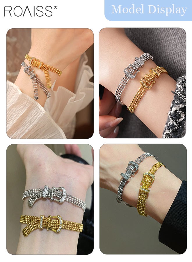 رويس سواران فاخران من الفولاذ المقاوم للصدأ بسلسلة ميلانو مع مشبك مميز، أساور من شريط الساتان بتصميم إبداعي عتيق، تصميم فريد، مناسب للارتداء اليومي والهدايا - Image 3