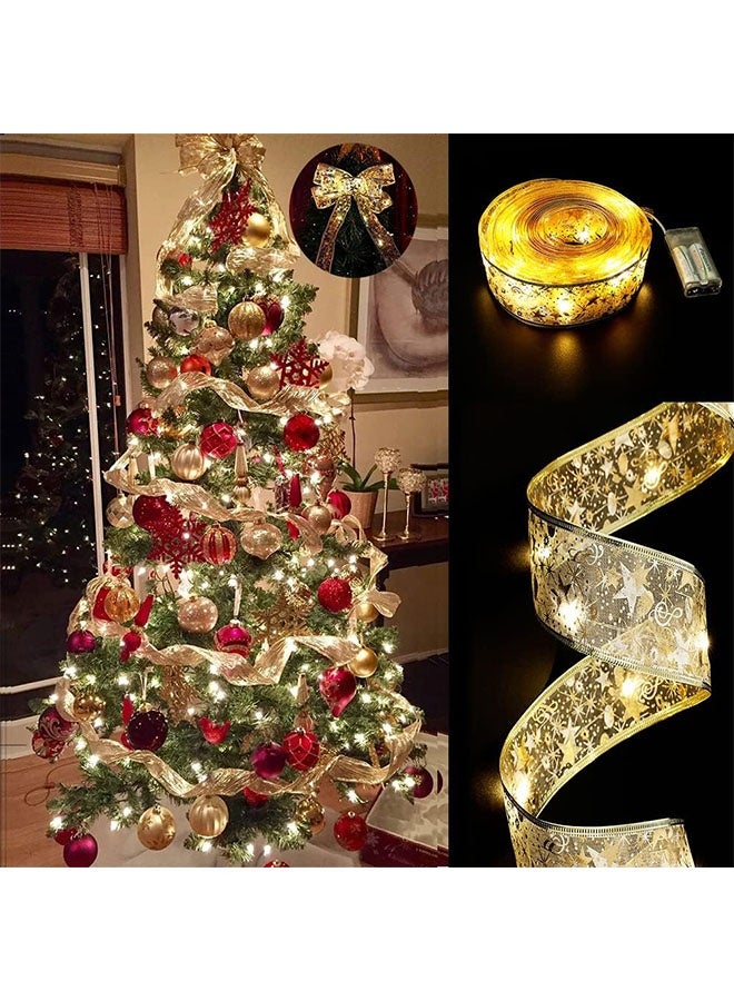 Ailily Christmas Tree Decorations String Lights 32ft 100 LED Lights Copper Wire Ribbon Bows Lights for Party Weddings Holiday Christmas Tree Decorations (Gold Warm Light Battery Powered) - Image 1