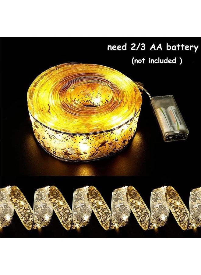 Ailily Christmas Tree Decorations String Lights 32ft 100 LED Lights Copper Wire Ribbon Bows Lights for Party Weddings Holiday Christmas Tree Decorations (Gold Warm Light Battery Powered) - Image 4