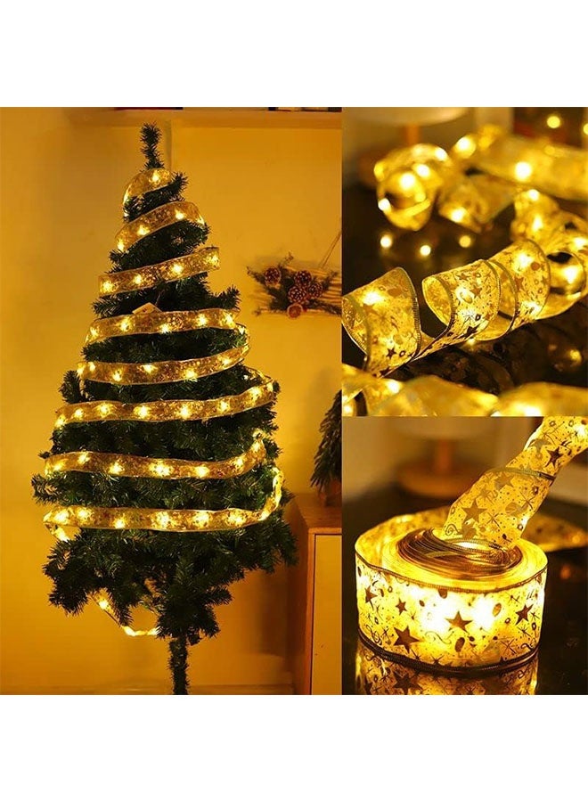 Ailily Christmas Tree Decorations String Lights 32ft 100 LED Lights Copper Wire Ribbon Bows Lights for Party Weddings Holiday Christmas Tree Decorations (Gold Warm Light Battery Powered) - Image 2