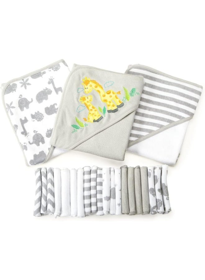 Spasilk Bath Hooded Towels & Washcloths Set for Babies, 23-Piece Gift Set, Grey - Image 1