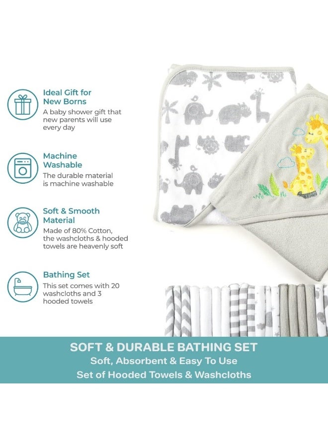 Spasilk Bath Hooded Towels & Washcloths Set for Babies, 23-Piece Gift Set, Grey - Image 4