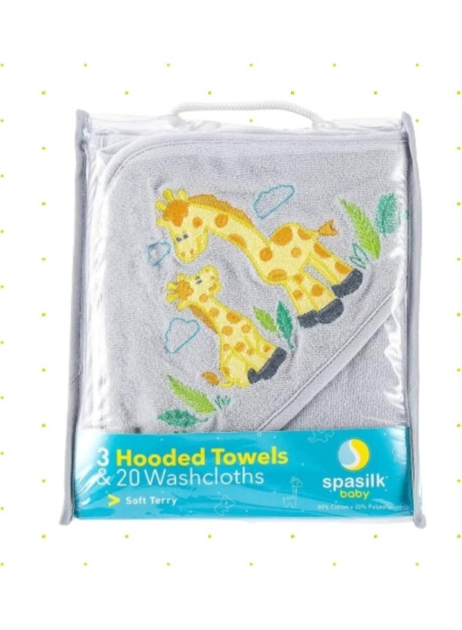 Spasilk Bath Hooded Towels & Washcloths Set for Babies, 23-Piece Gift Set, Grey - Image 3