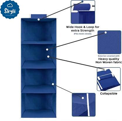 SKYLII Hanging Organizer 4 Shelves NonWoven Foldable and Universal Fit Closet Organizer Collapsible Pack of 1 Pc Blue - Image 3